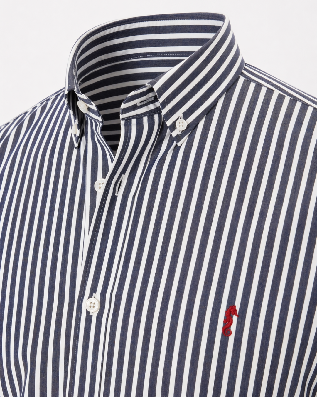 Camisa 100% Algodón Manga Larga Azul Oscuro Rayas Blancas