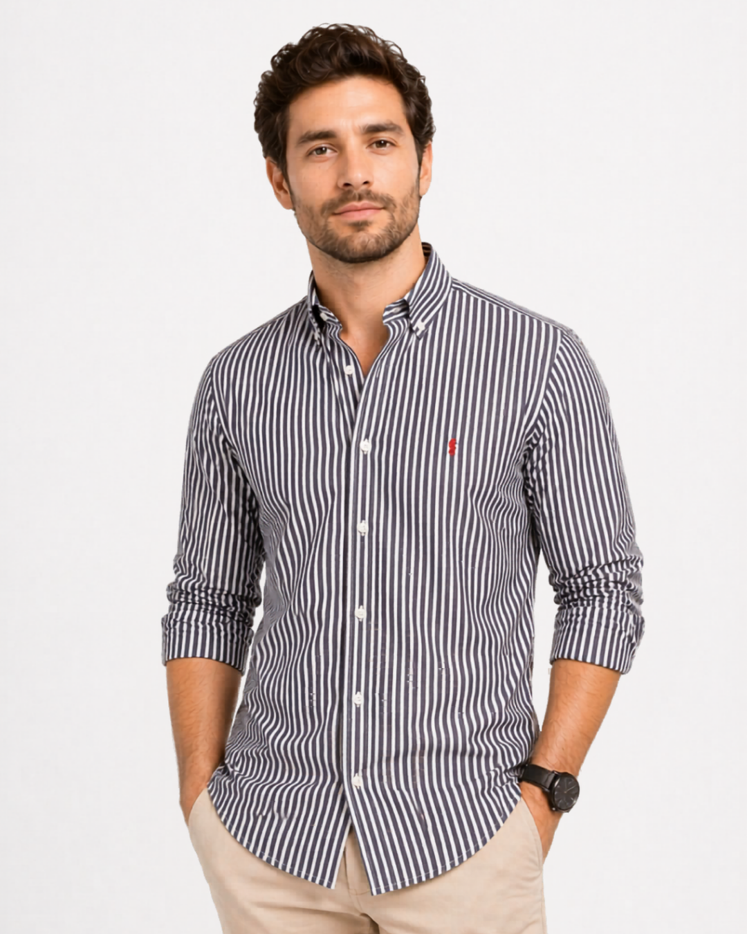 Camisa 100% Algodón Manga Larga Azul Oscuro Rayas Blancas