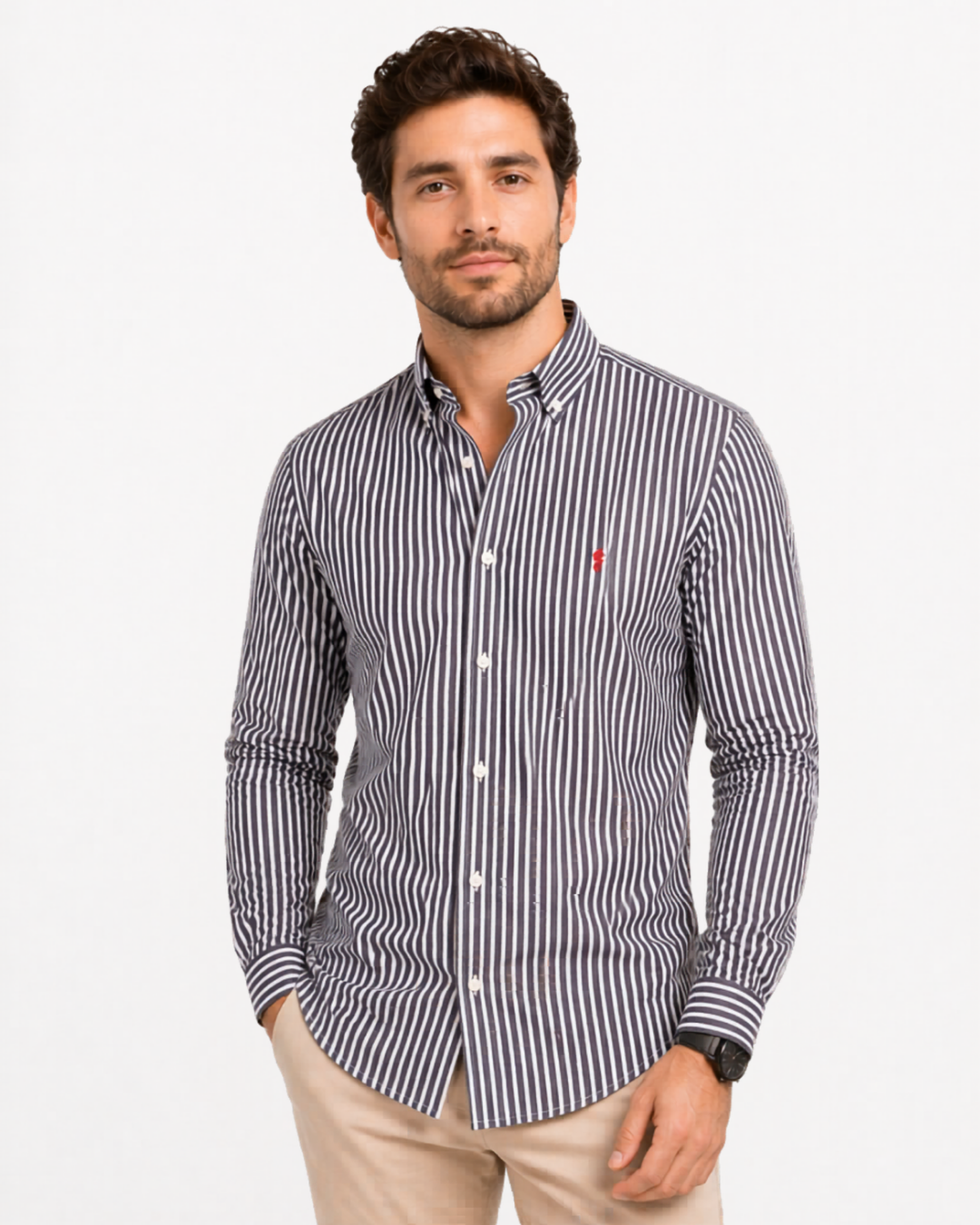 Camisa 100% Algodón Manga Larga Azul Oscuro Rayas Blancas