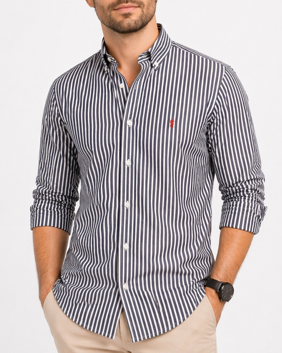 Camisa 100% Algodón Manga Larga Azul Oscuro Rayas Blancas