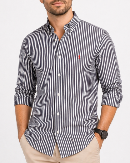 Camisa 100% Algodón Manga Larga Azul Oscuro Rayas Blancas