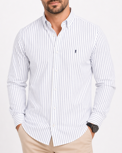 Camisa 100% Algodón Manga Larga Blanca Rayas Azul