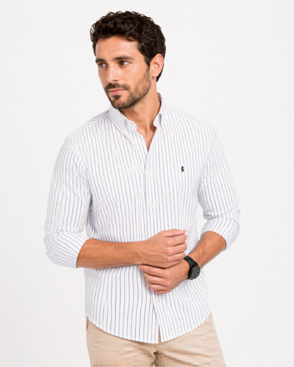 Camisa 100% Algodón Manga Larga Blanca Rayas Azul