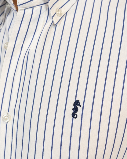 Camisa 100% Algodón Manga Larga Blanca Rayas Azul