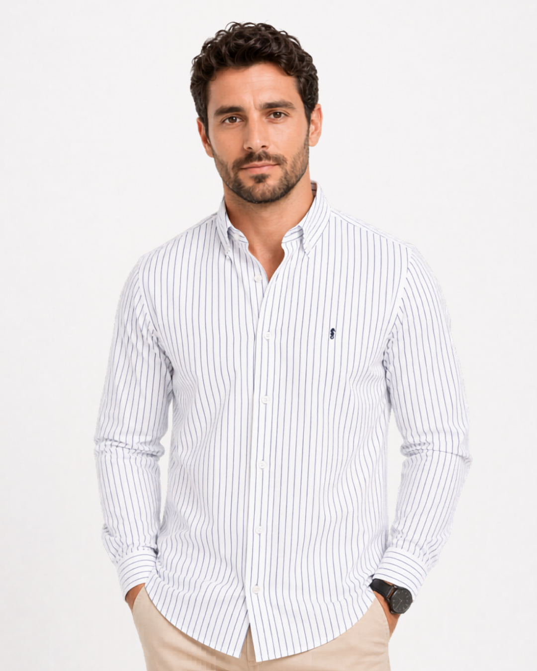 Camisa 100% Algodón Manga Larga Blanca Rayas Azul