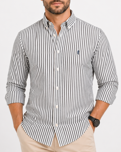Camisa 100% Algodón Manga Larga Blanca Rayas Grises