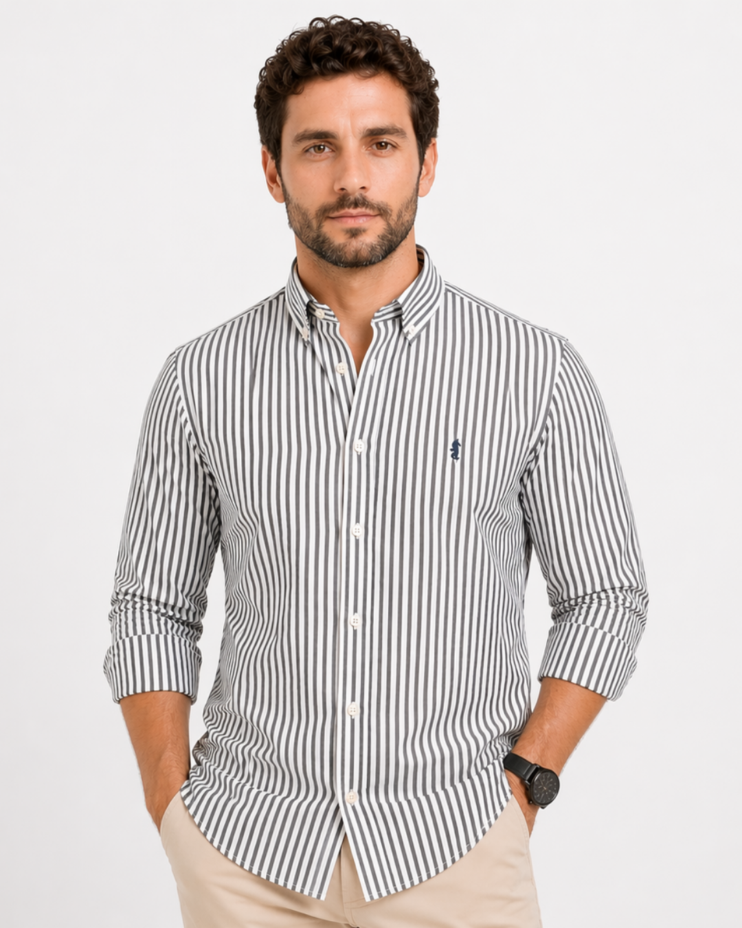 Camisa 100% Algodón Manga Larga Blanca Rayas Grises