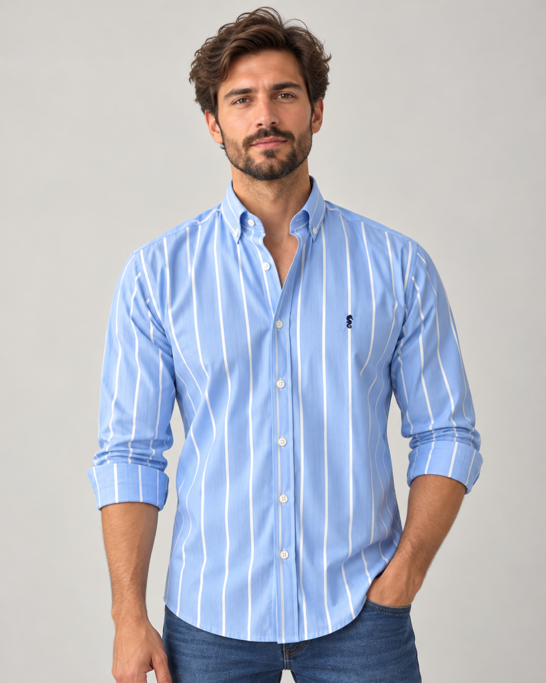 Camisa 100% Algodón Manga Larga Azul Claro Rayas Blancas Espaciadas