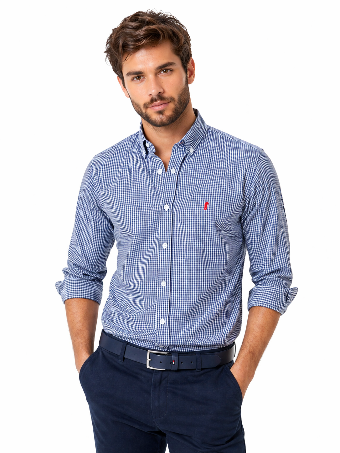 Camisa 100% Algodón Manga Larga Cuadros Azul Oscuro