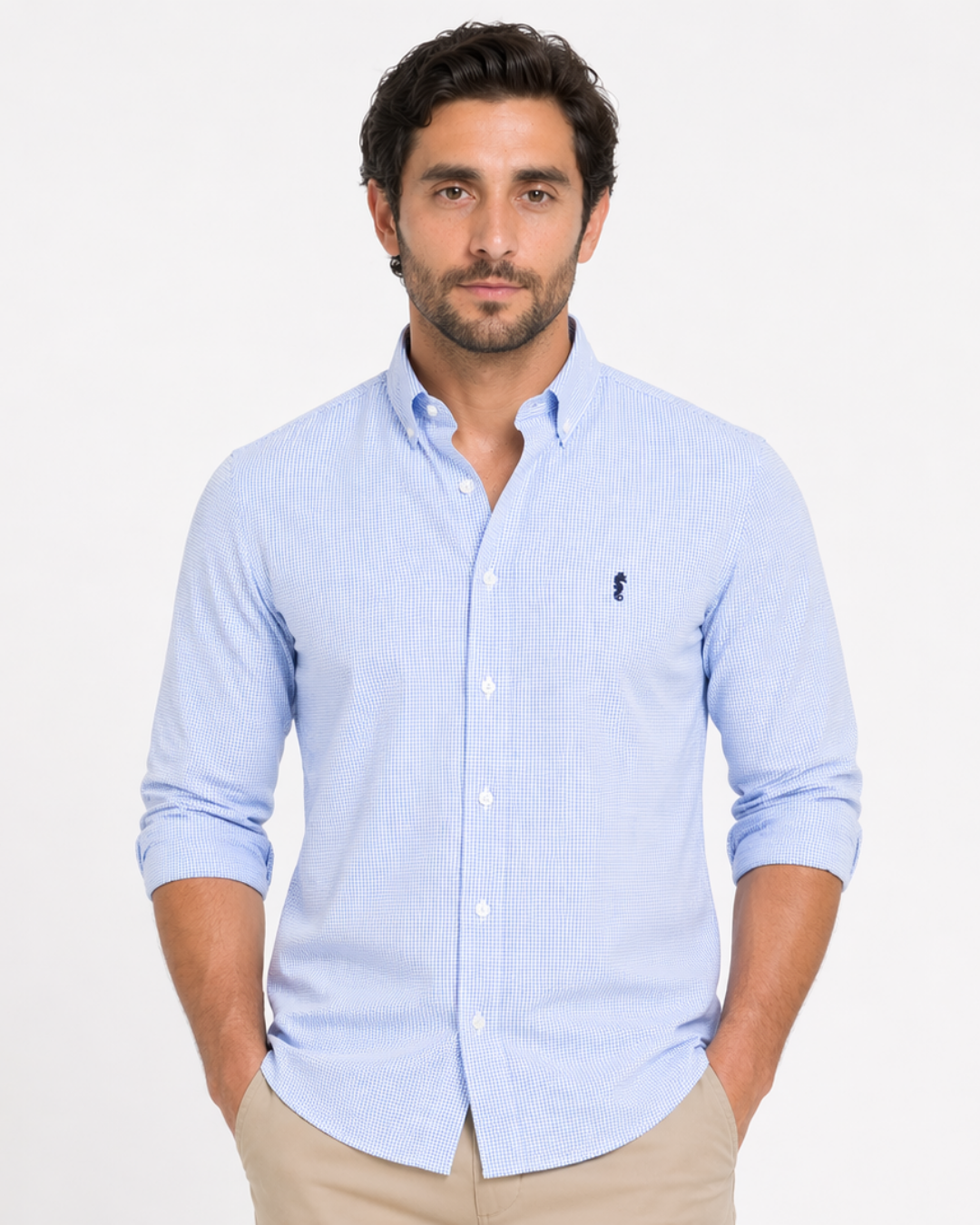 Camisa 100% Algodón Manga Larga Cuadros Azul Claro