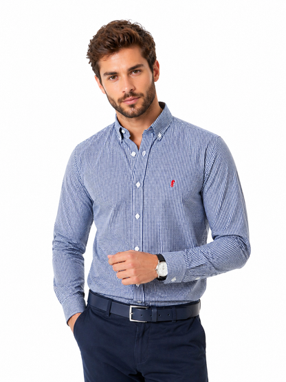 Camisa 100% Algodón Manga Larga Cuadros Azul Oscuro