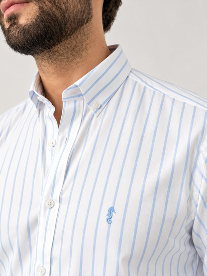 Camisa 100% Algodón Manga Larga Blanca Rayas Azul Claro