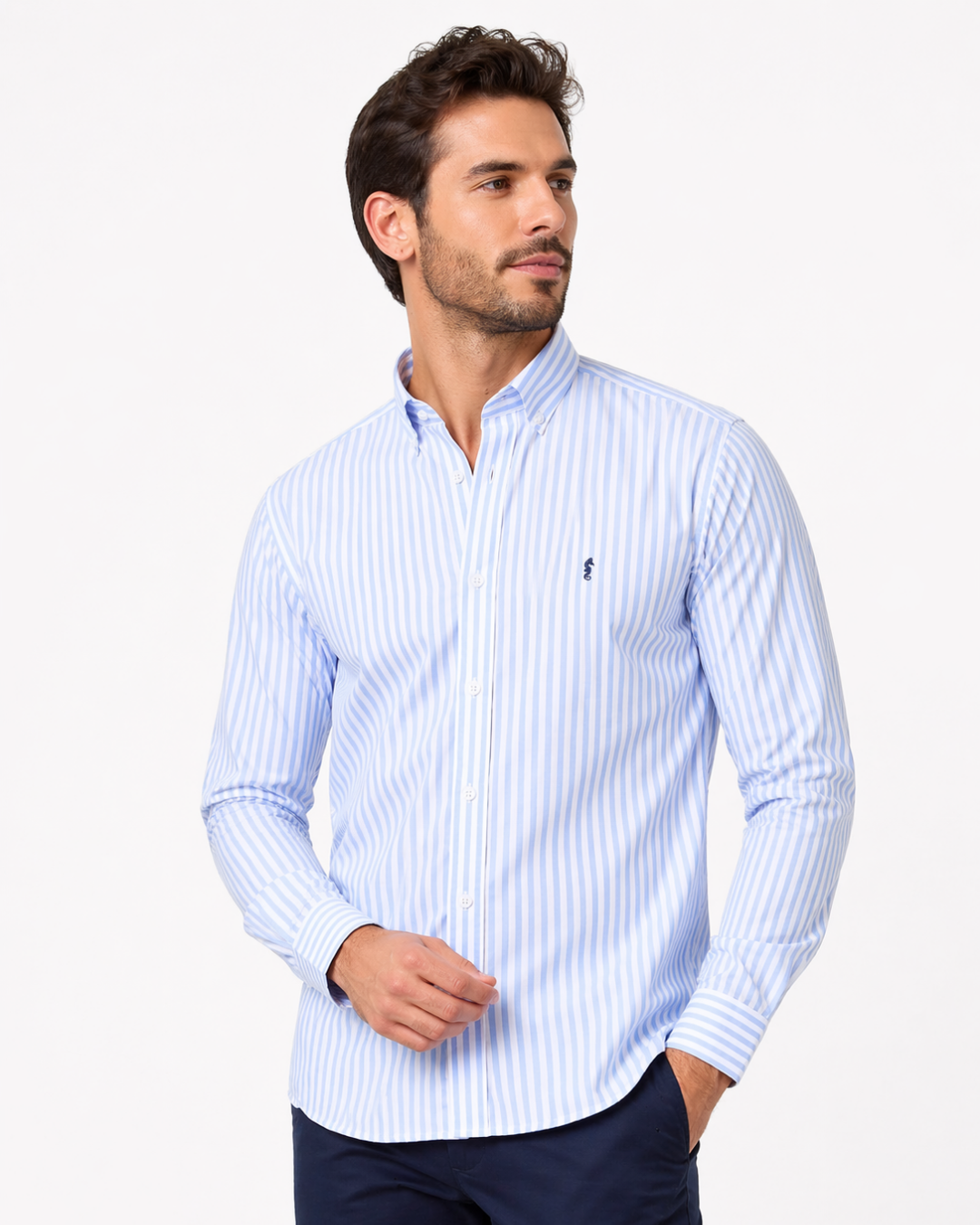 Camisa 100% Algodón Manga Larga Maxi Rayas Azul Claro
