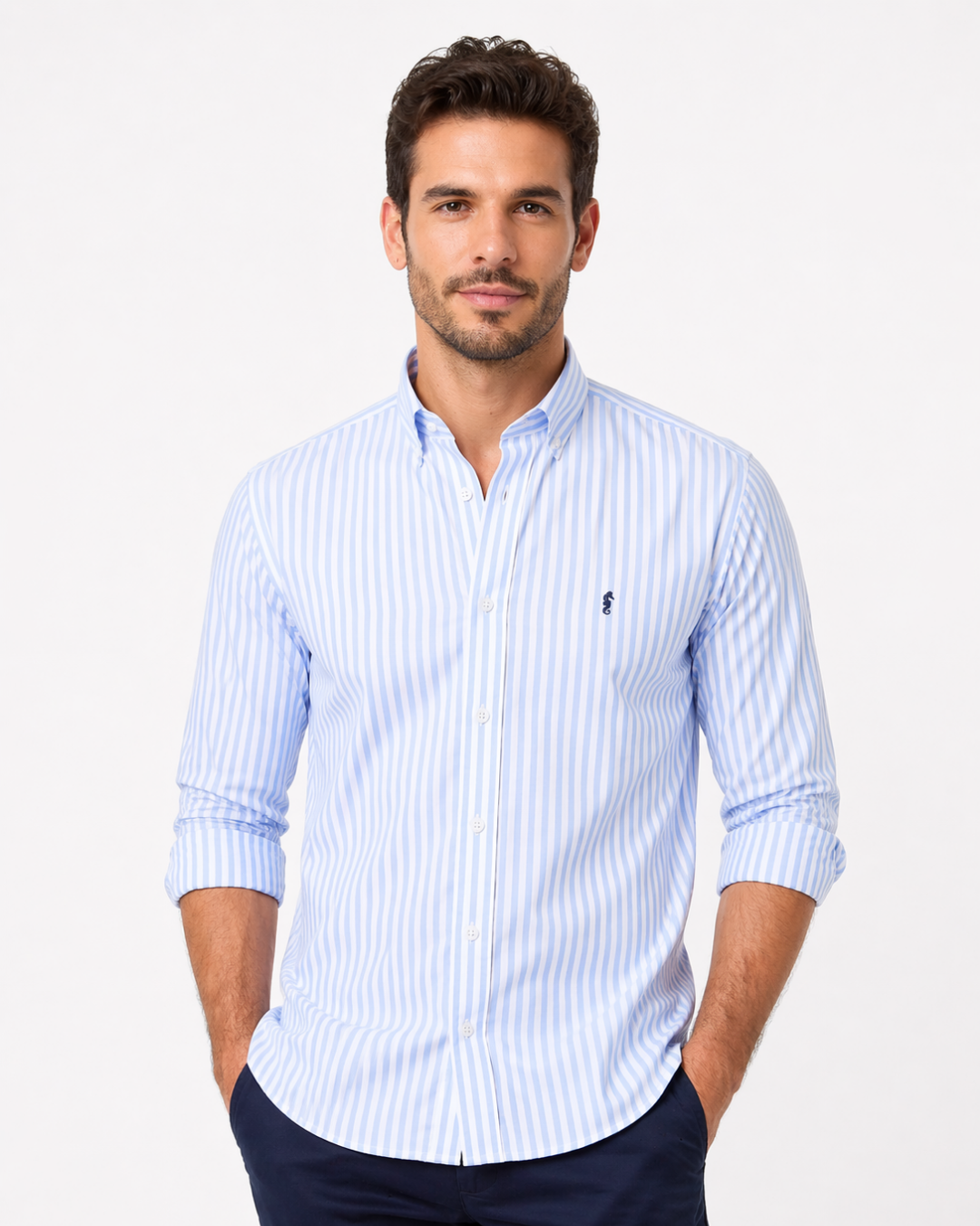 Camisa 100% Algodón Manga Larga Maxi Rayas Azul Claro