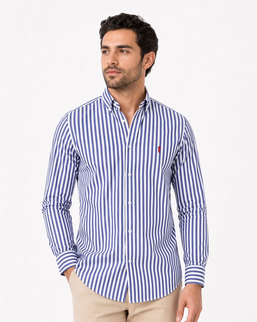 Camisa 100% Algodón Manga Larga Maxi Rayas Azul Oscuro