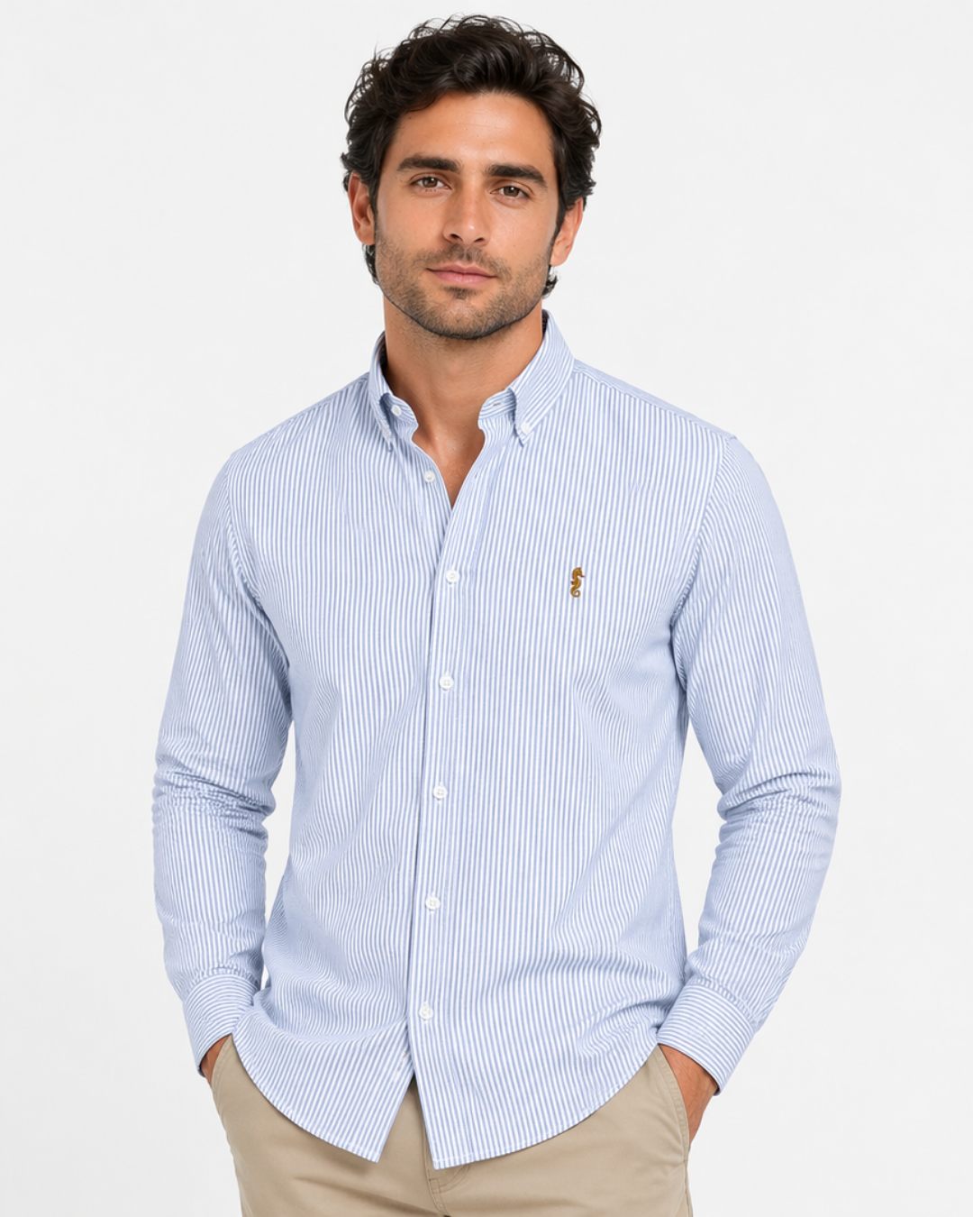 Camisa Manga Larga Oxford Rayas Azul Claro