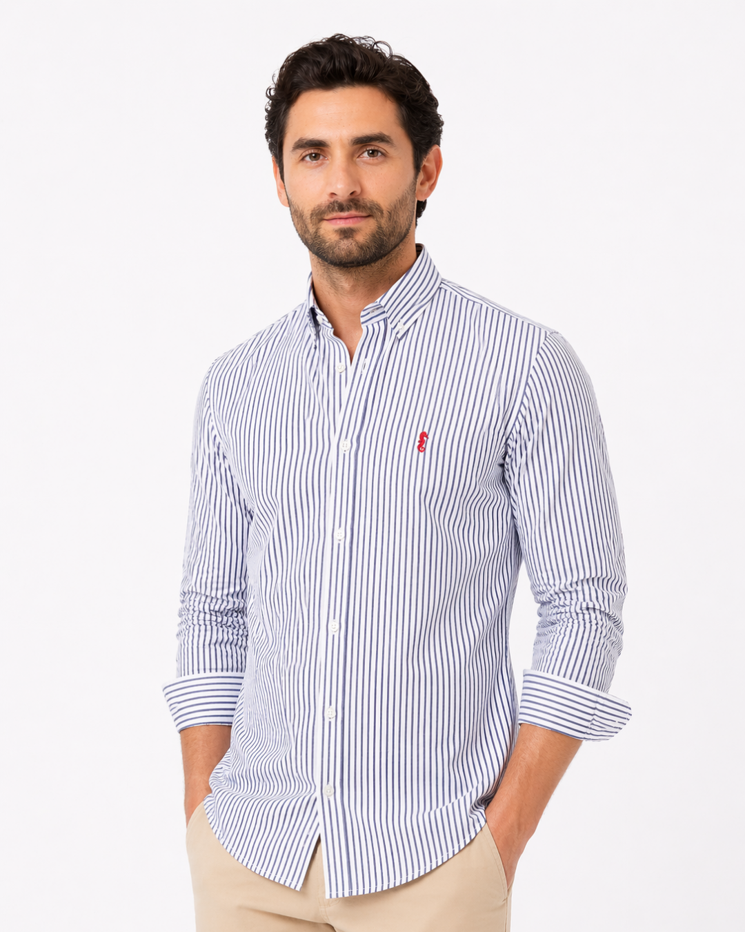 Camisa 100% Algodón Manga Larga Rayas Azul Oscuro