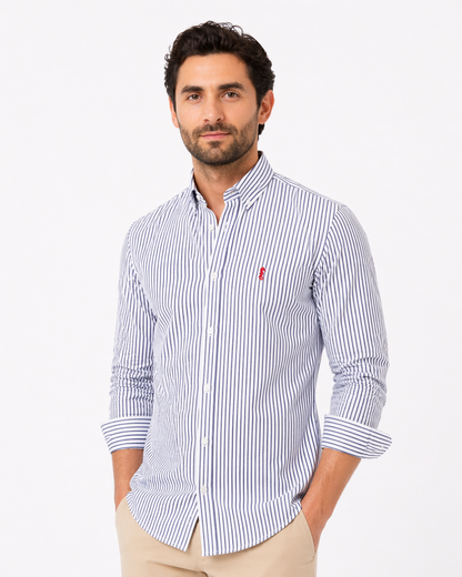 Camisa 100% Algodón Manga Larga Rayas Azul Oscuro
