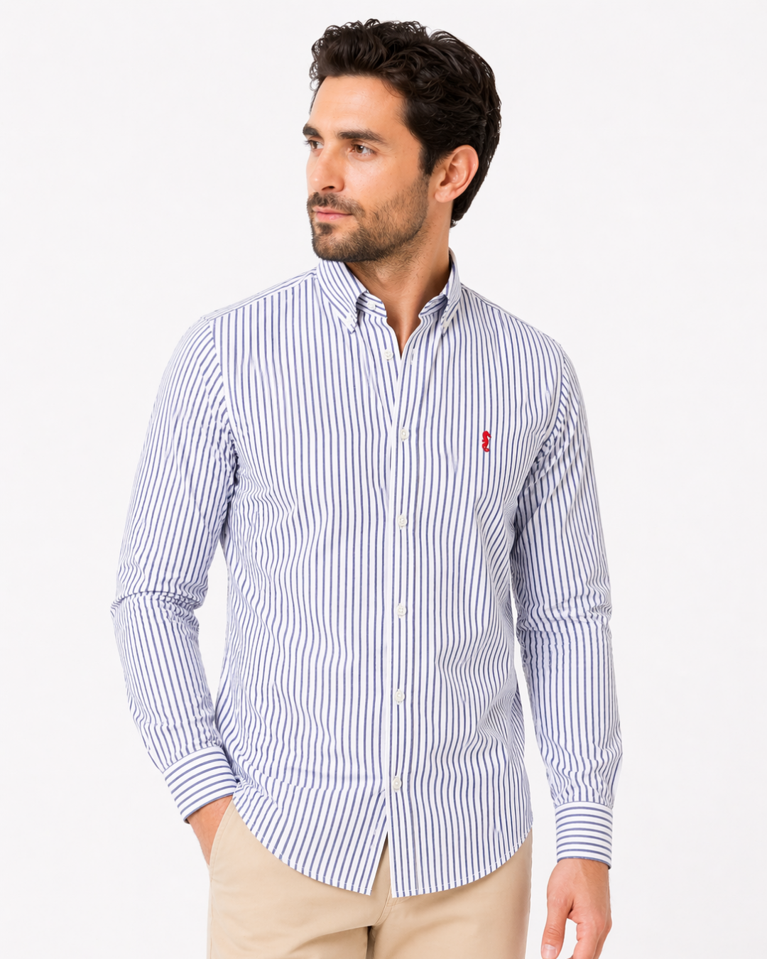 Camisa 100% Algodón Manga Larga Rayas Azul Oscuro