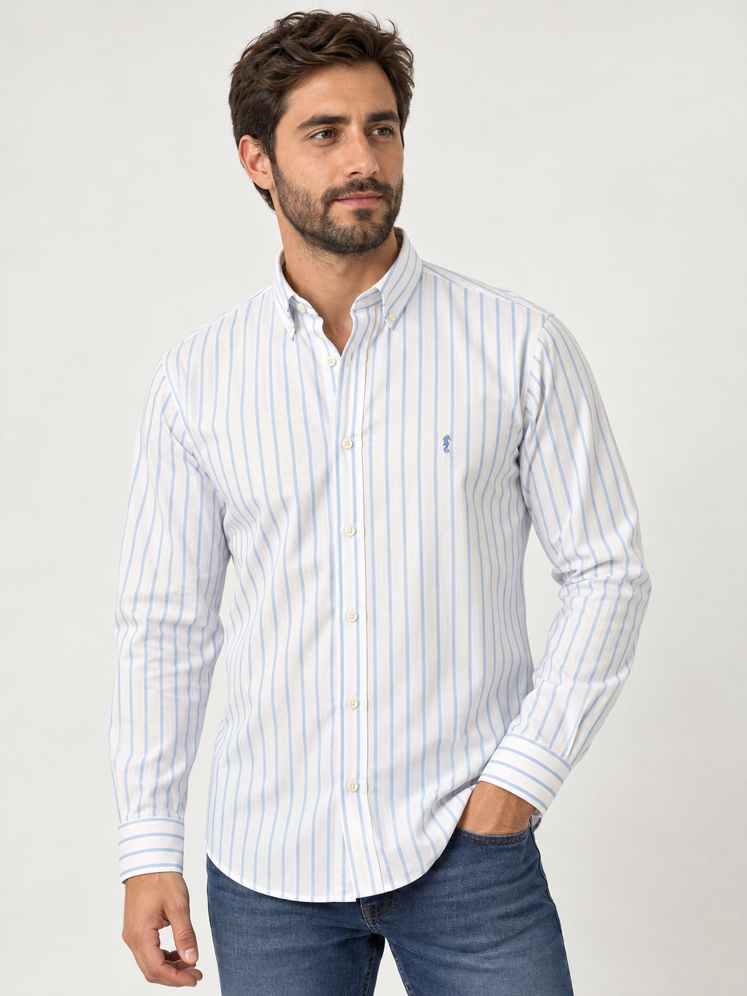Camisa 100% Algodón Manga Larga Blanca Rayas Azul Claro