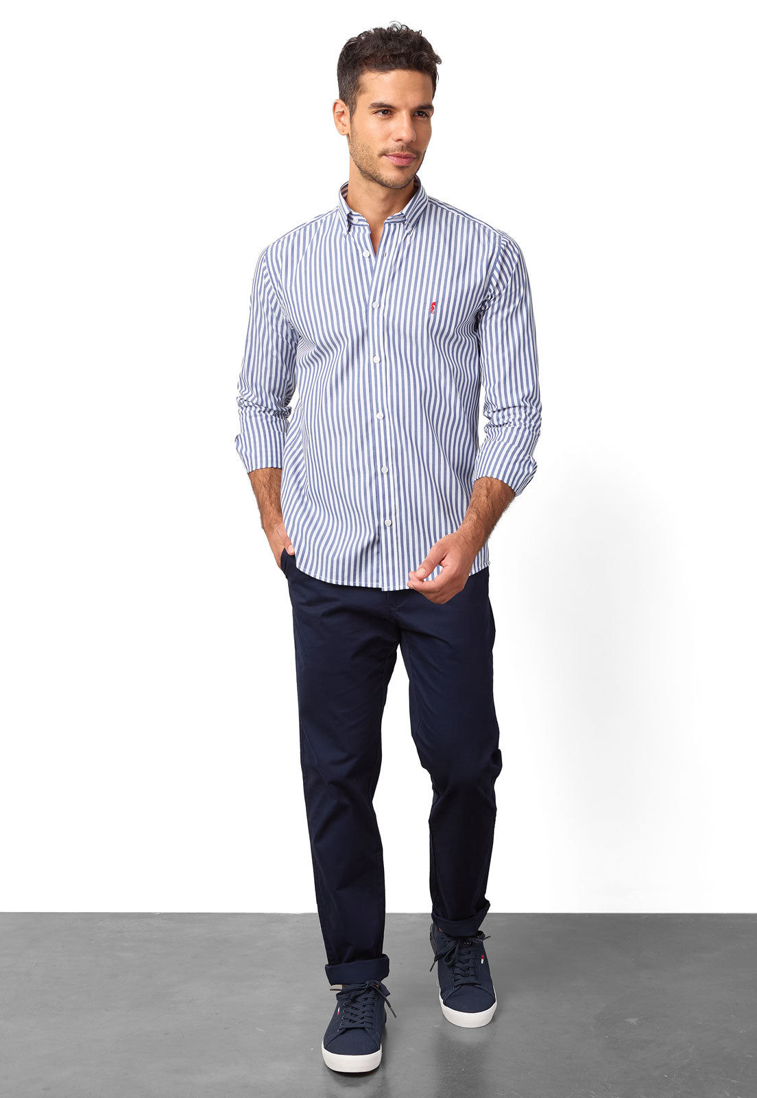 Camisa Manga Larga Maxi Rayas Azul Oscuro